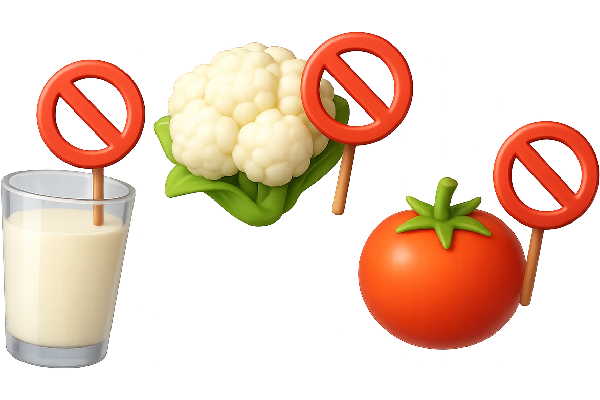 emoji stile iphone di un BICCHIERE DI LATTE CAVOLFIORE E POMODORO CHE FLUTTUANO IN ARIA CON DIVIETI IN MANO, iperrealistico 4k, isolato su sfondo bianco emoji