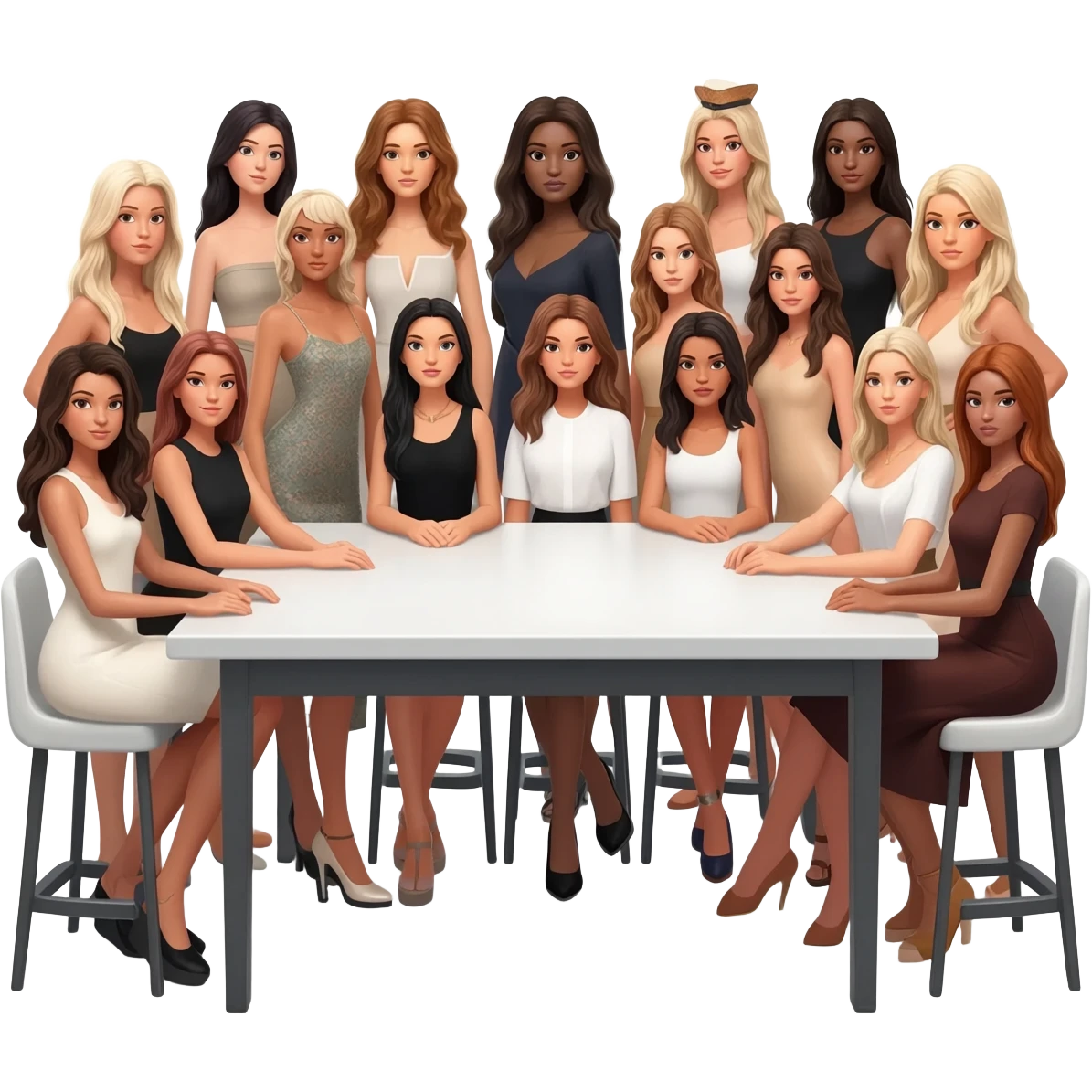 thirty girls models squeezed together at a table emoji