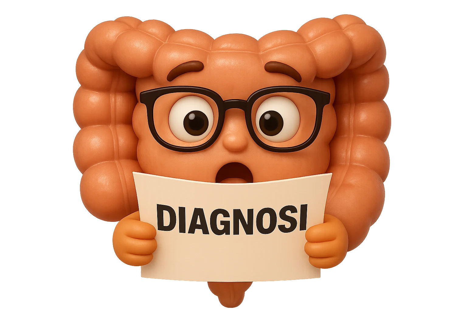EMOJI STILE IPHONE DI UN INTESTINO CON GLI OCCHIALI CHE LEGGE UN FOGLIO CON LA SCRITTA DIAGNOSI, ESPRESSIONE STUPITA IN VOLTO, IPERREALISTICO 4K emoji