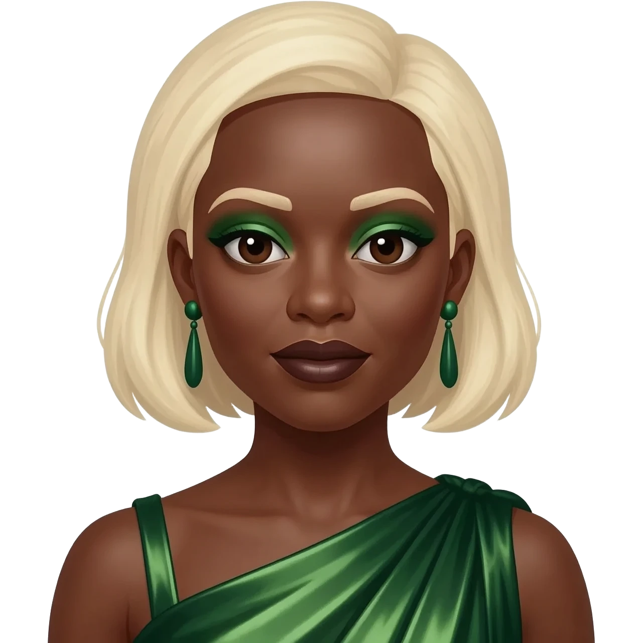 Cynthia Erivo with dark brown eyes, short blonde hair, green eyeshadow, dark brown lipstick, dark green metallic grecian dress, green earrings emoji