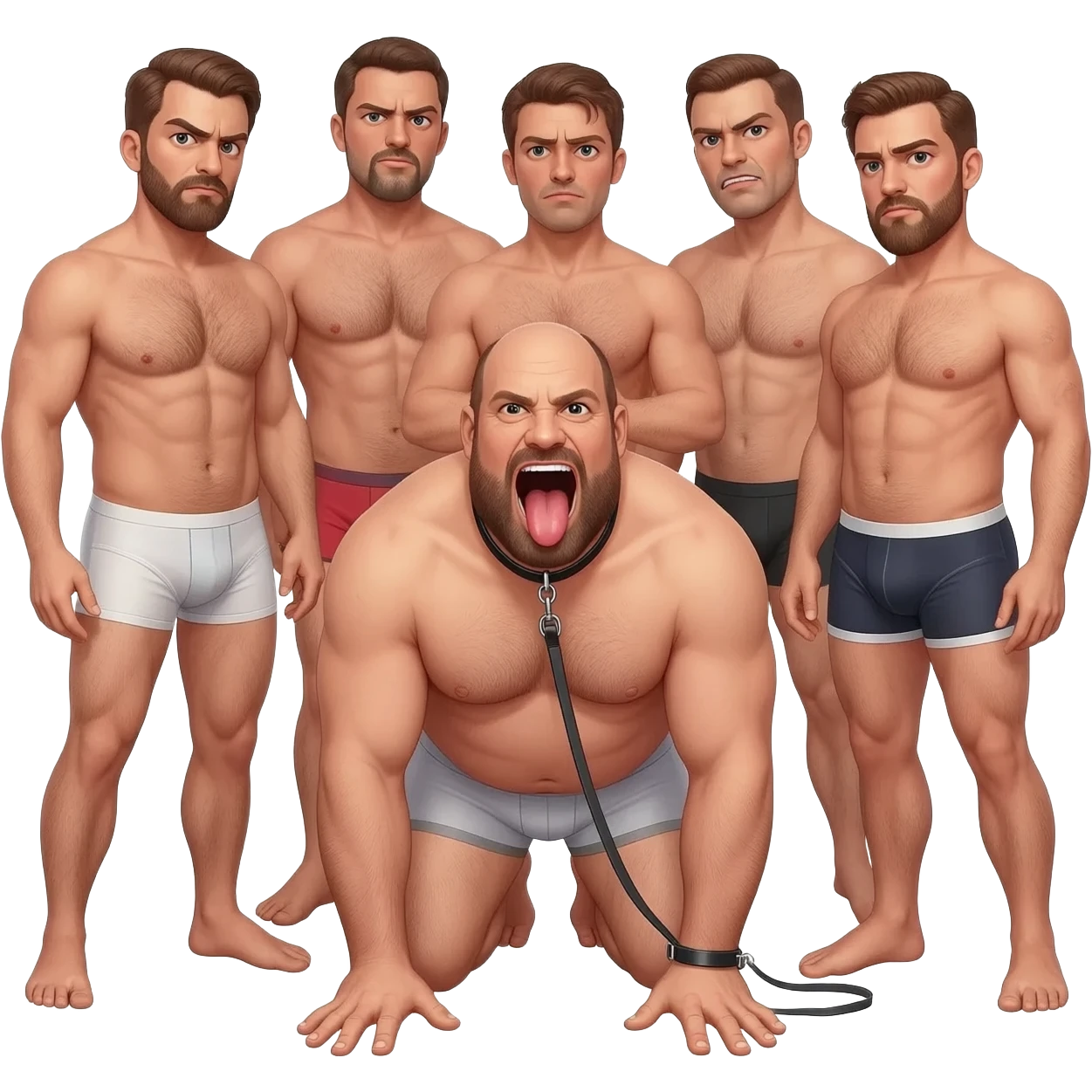A group of mean looking shirtless hairy chested men in underwear and surrounding a chubby bald bearded aroused guy in underwear looking up at the men with mouth wide open and tongue out on his hands and knees wearing a collar and leash held by one man realistic style emoji