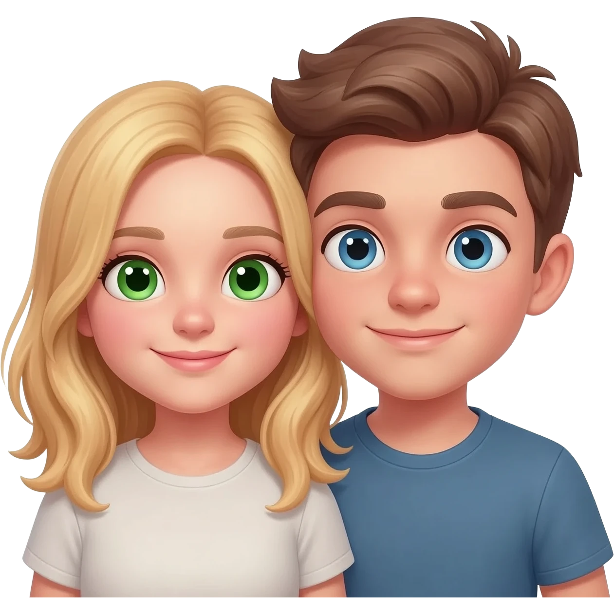 A girl with mediumblonde hair And green eyes in love with a boy with brown hair and blue hair emoji