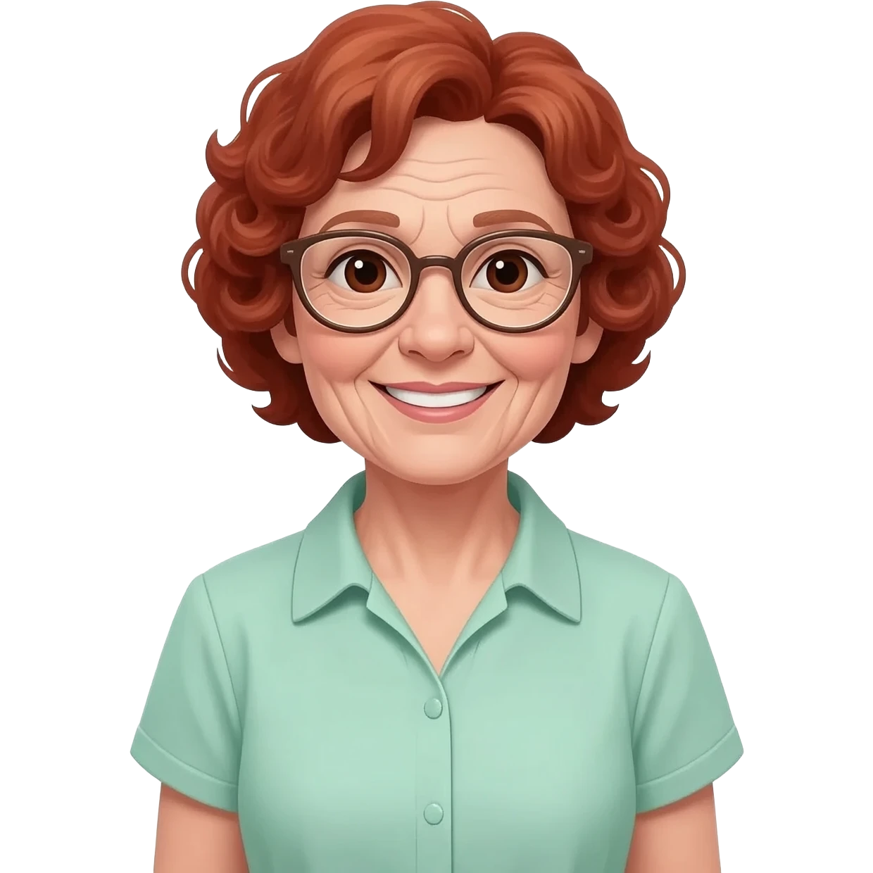 create an emoji of a woman with wrinkles on her face, pale skin (at least not tanned), smile. she has a practical oldie look, very very short curly red hair (over her ears), glasses, dark brown eyes, natural lips. she wears a light mint green blouse short sleeve emoji