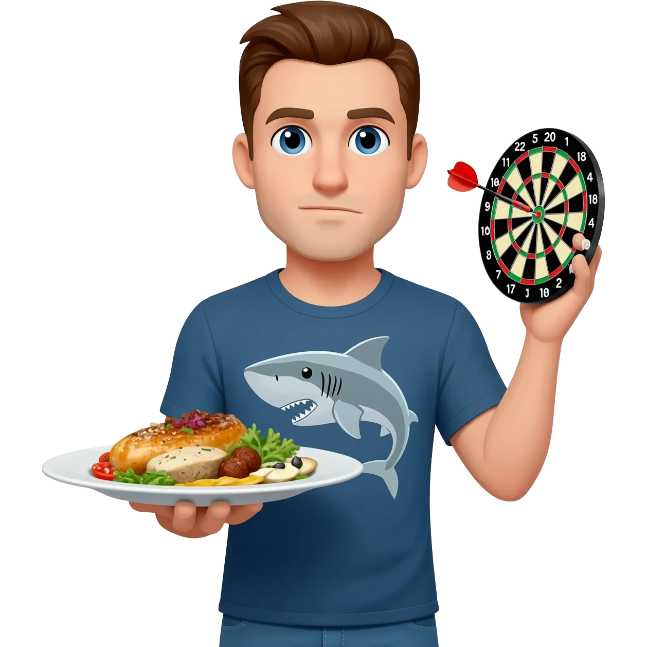 a handsome man with the left hand holding great food and the right hand holding a dart.  He's wearing a t-shirt with s shark emoji
