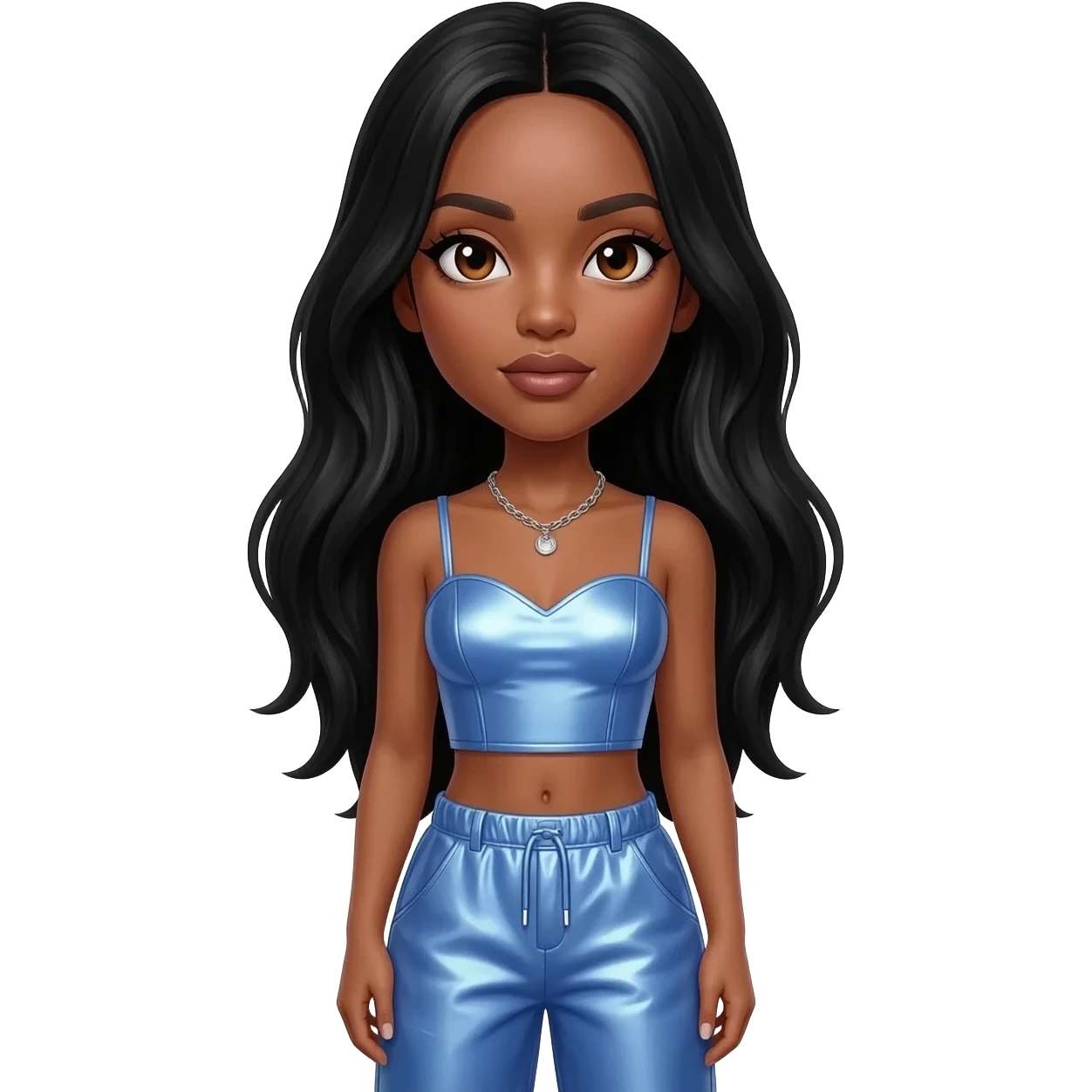 Solange with brown eyes, long black hair, periwinkle metallic sweetheart crop top, periwinkle metallic baggy pants, silver necklace emoji
