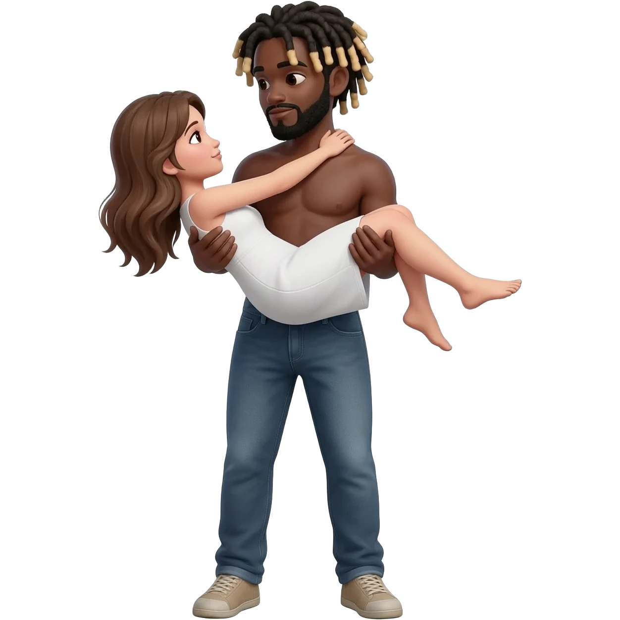 Emoji-style couple, full body, romantic lift pose. Tall Black man with blond-tipped dreads thin moustache e goatee lifting a short white woman long brown hair , legs around his waist, arms around his neck he is stood up . Cute emoji style, transparent background.both naked emoji