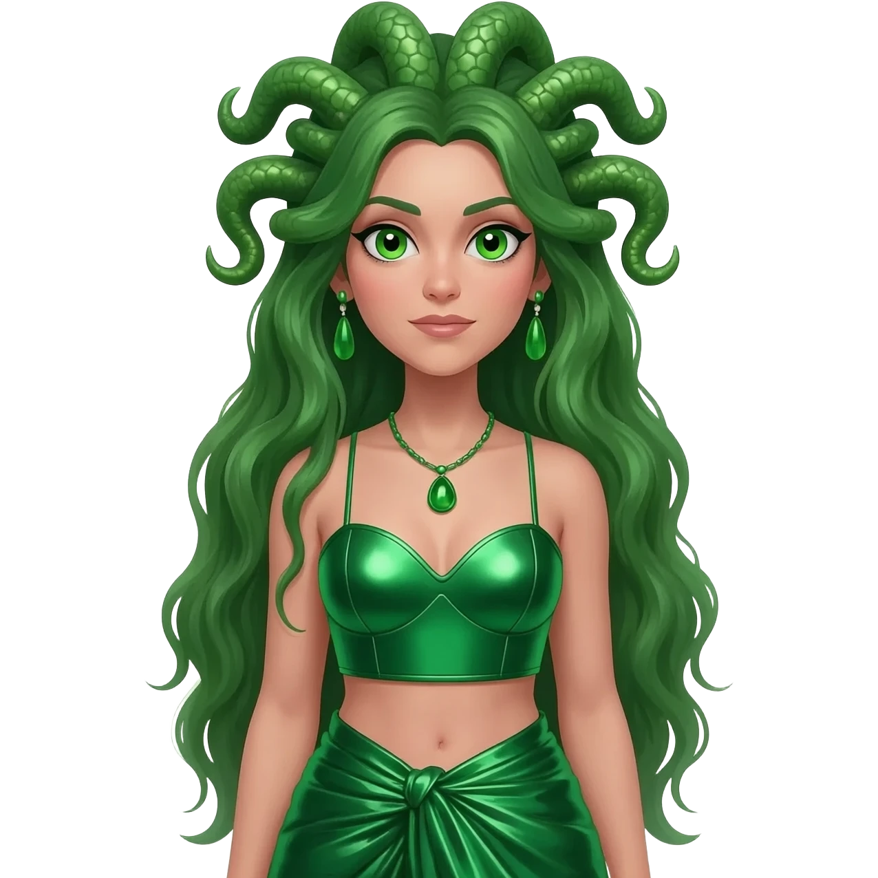 Medusa from Greek Mythology with green eyes, long green hair, green metallic sweetheart crop top, green metallic wrap long skirt, green necklace and earrings emoji