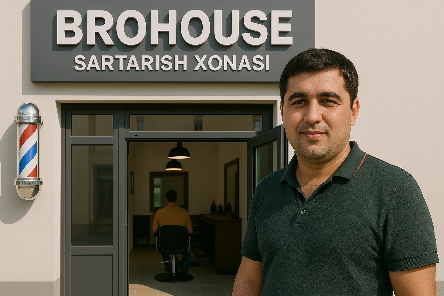 eni shu rasimga manashu odamga uxhshasin sartaosh eshik oldida tursin va tashqarida esa mijoz rasm esa 16 ga 9 bulsin 1920x1080 emoji