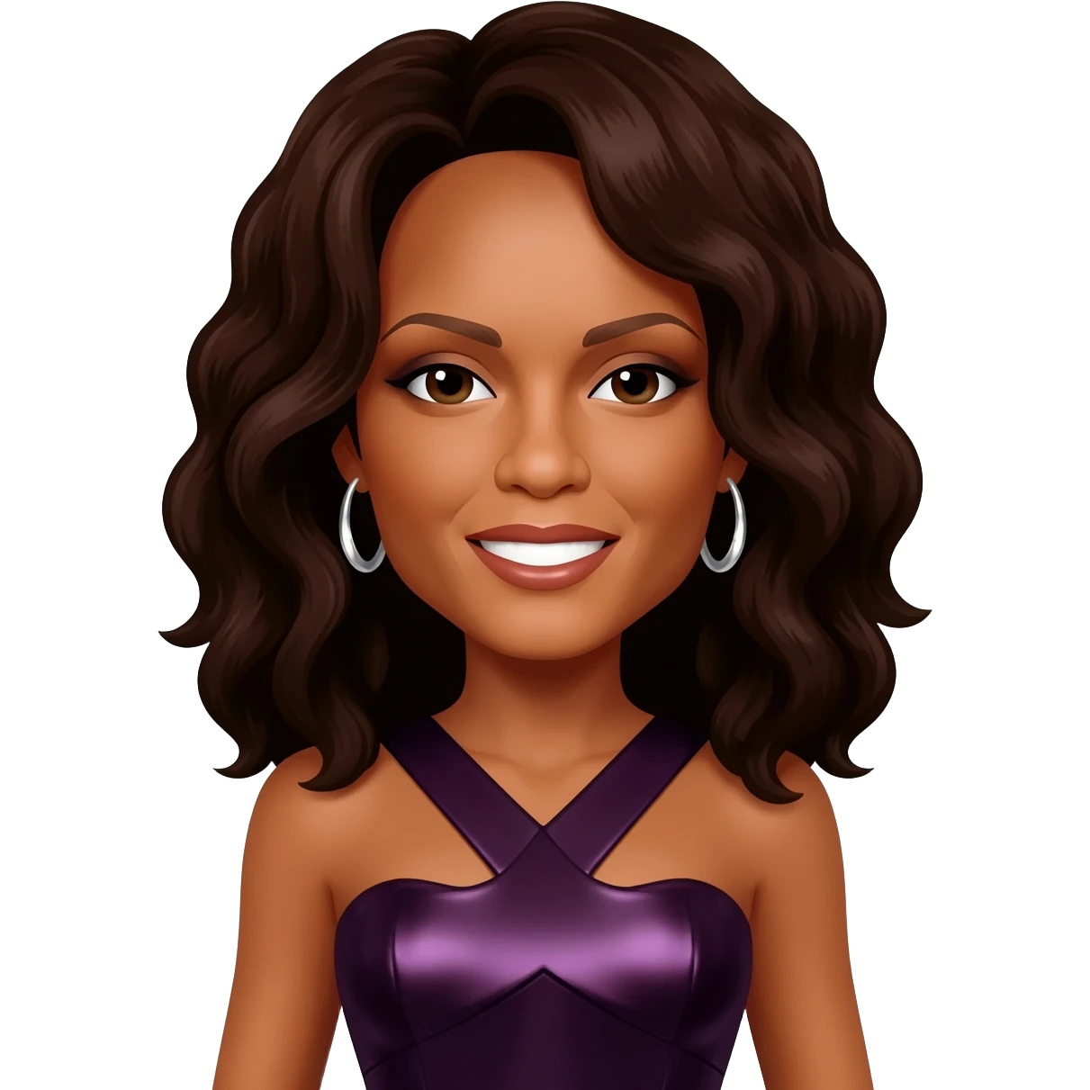 Whitney Houston with dark brown hair, dark purple metallic dress, silver earrings emoji