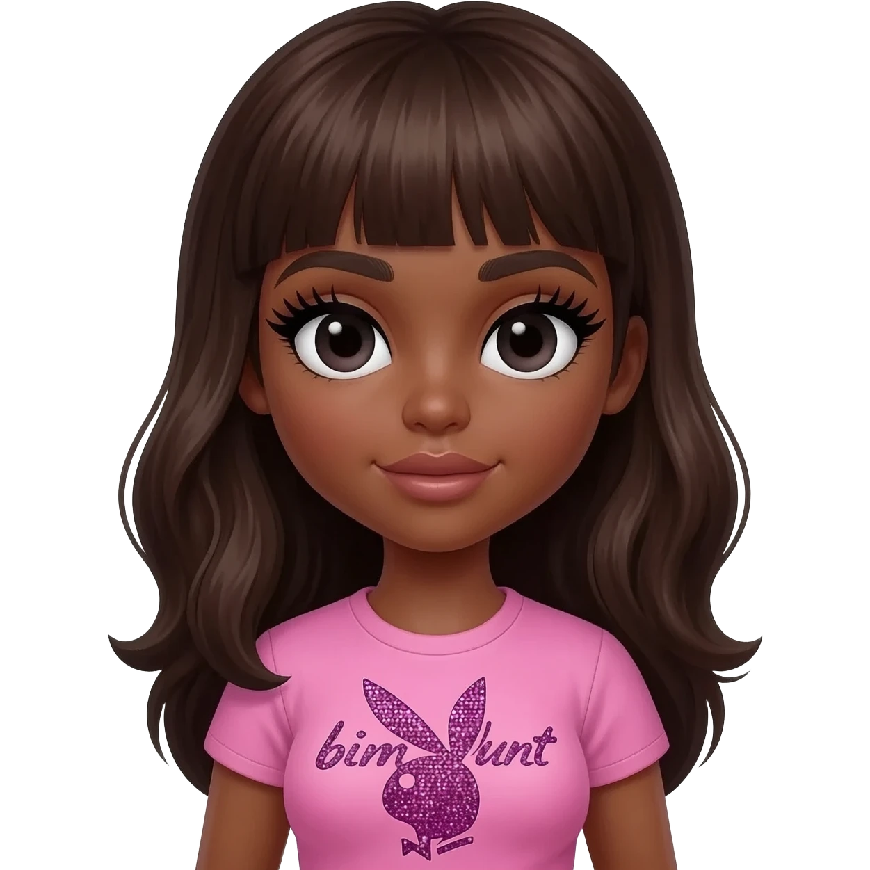 doll body , dark brown eyebrows, dark skin girl,Long giant lashes, bimbo, black doll eyes, barbie, dark brown skin, with dark brown hair, big breast, pink 2000s t shirt says on the sparkling text “bimbo blunt” on playboy logo emoji