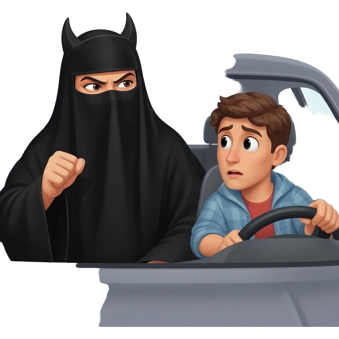 grosse dominatrice burca qui  hurle et insulte un jeune homme conducteur dans sa voiture emoji