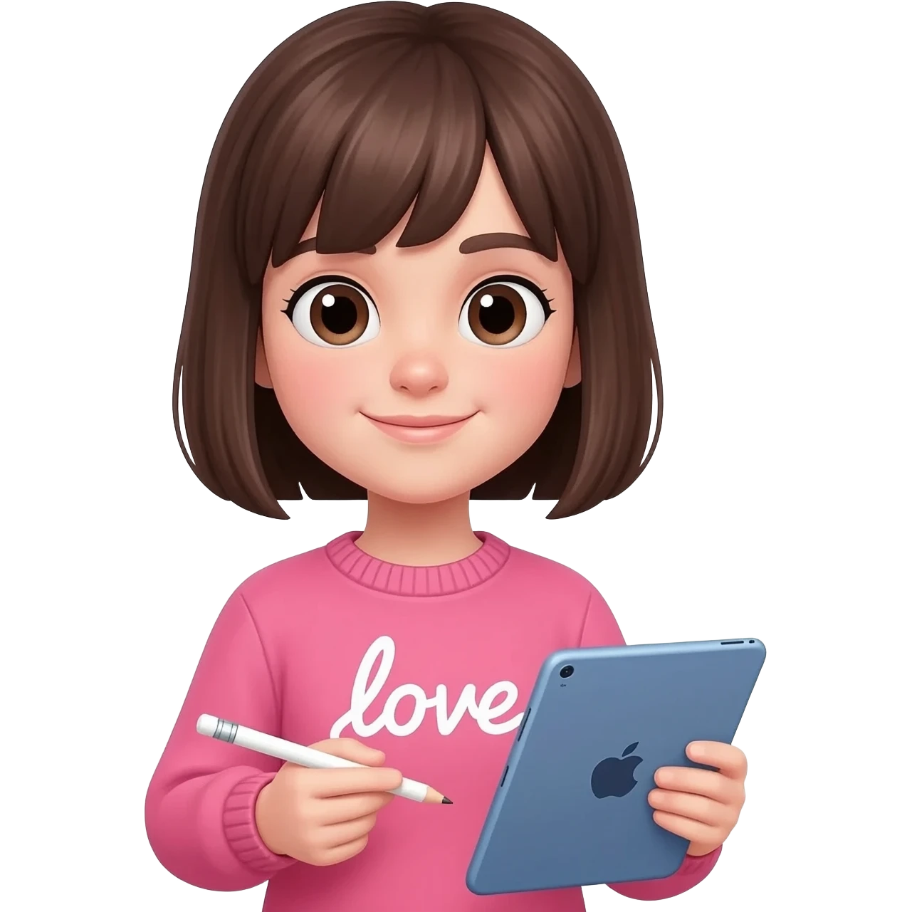 Crée moi une fille avec un coupe carré brun lisse avec un pull rose  écrit dessus love et un iPad bleu en main et un Apple Pencil blanc emoji