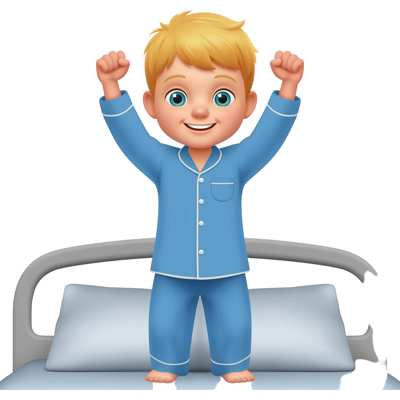 Use the same 3 year old blonde boy with blueish-green eyes, it should be the same boy as before  happy with plain blue pajamas raising both arms up and hands like fists, on the bed, the bed should be gray emoji