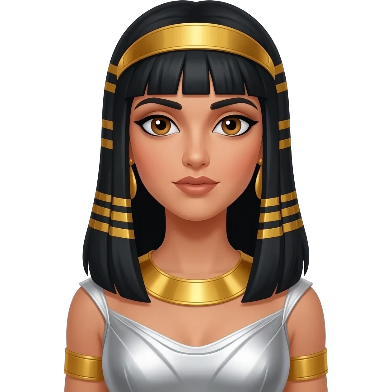 Cleopatra from Rome Mythology with hazel eyes, long black hair, white metallic sheath dress, gold collar and earrings, gold diadem emoji