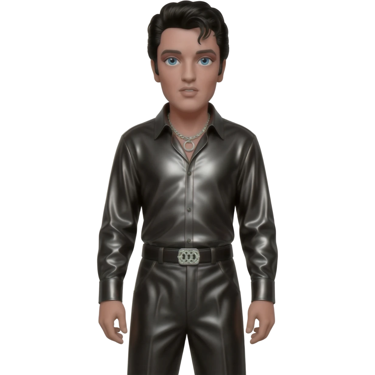 Elvis Presley with blue eyes, black hair, black metallic shirt, black metallic baggy pants, silver necklace emoji