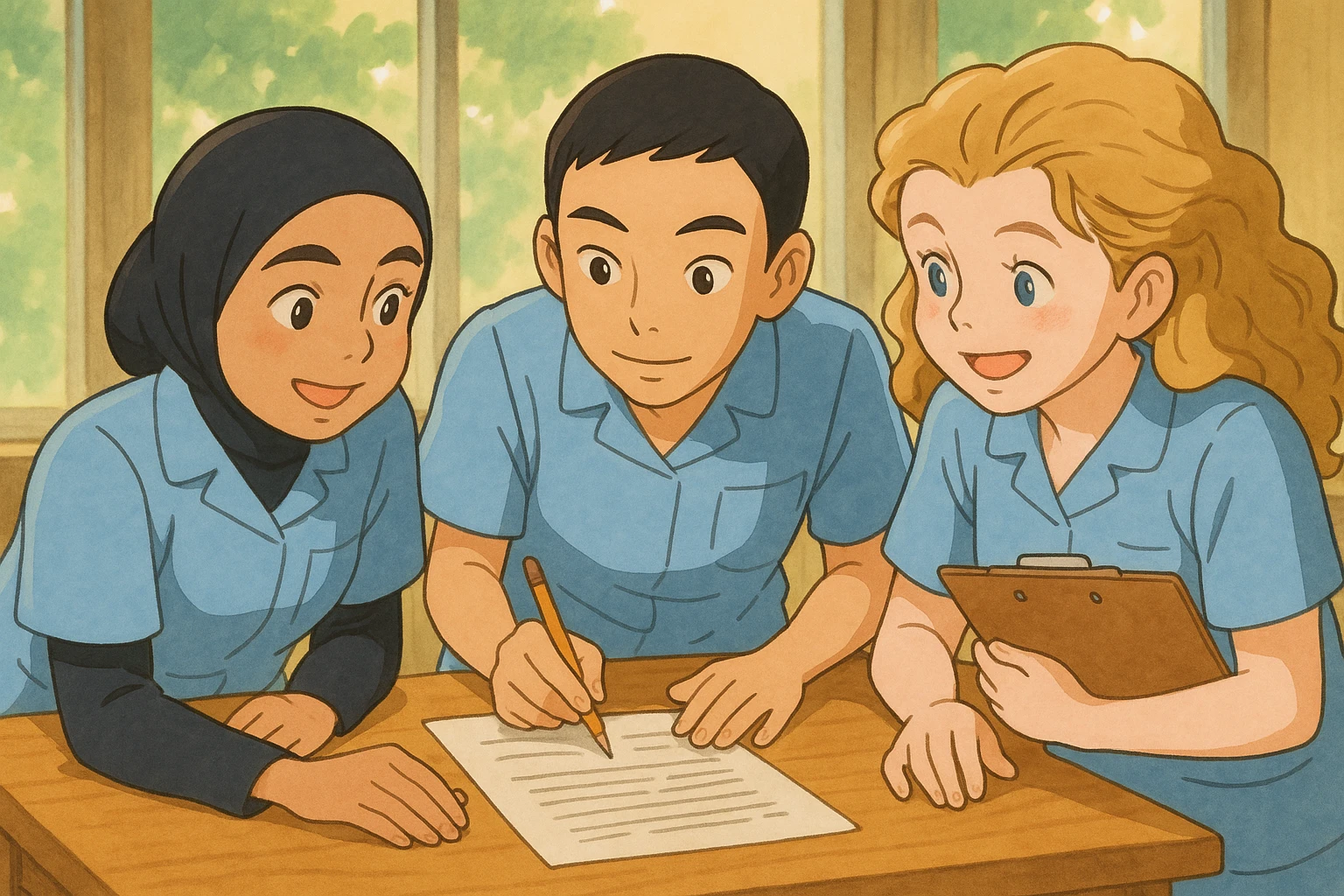 Illustration Ghibli of four nursing students working together, wearing short-sleeved outfits without stethoscopes, inspired by the four provided faces, bright and joyful atmosphere, version 2 emoji