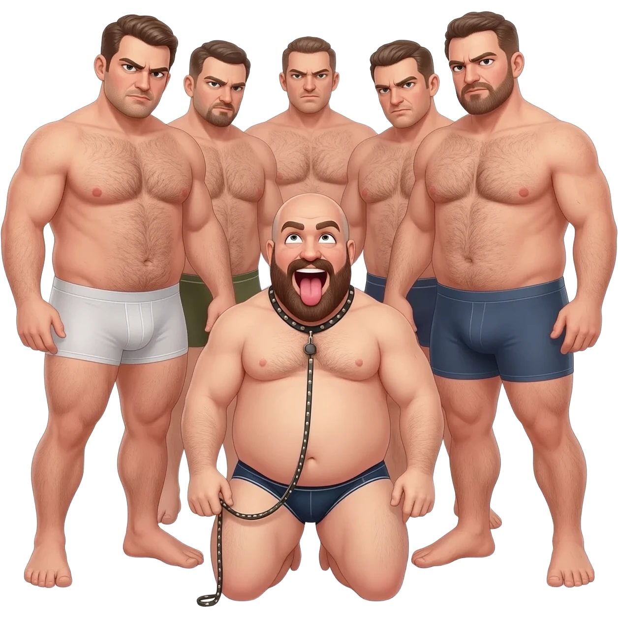 A group of mean looking shirtless hairy chested men in underwear and surrounding a chubby bald bearded aroused guy in underwear looking up at the men with mouth wide open and tongue out on his hands and knees wearing a collar and leash held by one man realistic style emoji