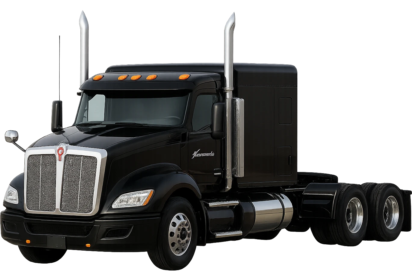 Enhance the flat top sleeper cab design of the 2026 Kenworth T680 semi truck, making the flat roof and low profile of the sleeper very clear and visually distinct. Keep a realistic style with no background. emoji