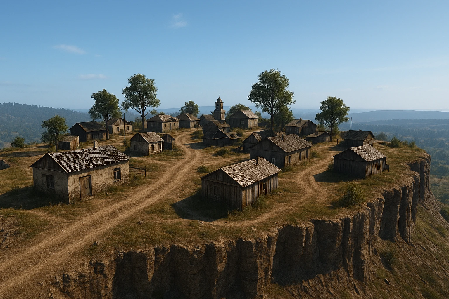 A small hilltop mesa city in the videogame dayz, screenshoot  emoji