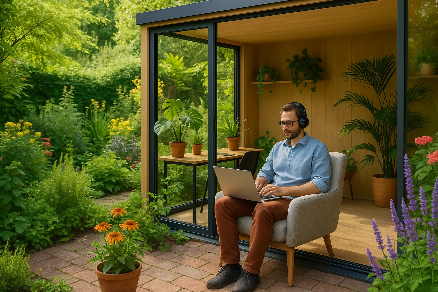 Home office in garden with a person using laptop and headphones, relaxed atmosphere, lots of greenery, modern design emoji