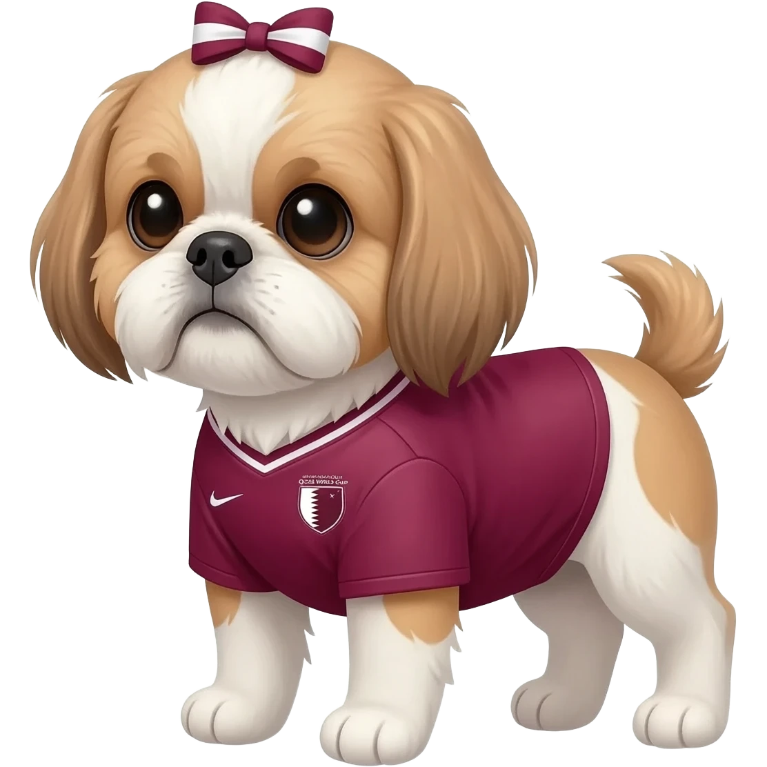 white and light brown shih zhu wearing a Qatar soccer jersey v neck 2026 work cup emoji
