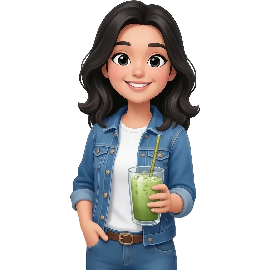 white girl in black layered hair with iced matcha emoji