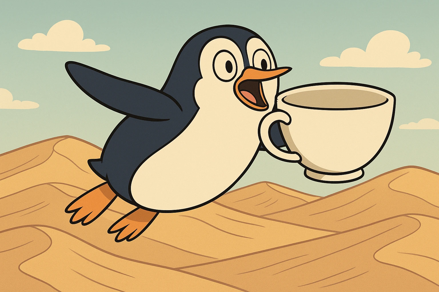 A penguin soaring above sand dunes with a giant teacup, cartoon style emoji