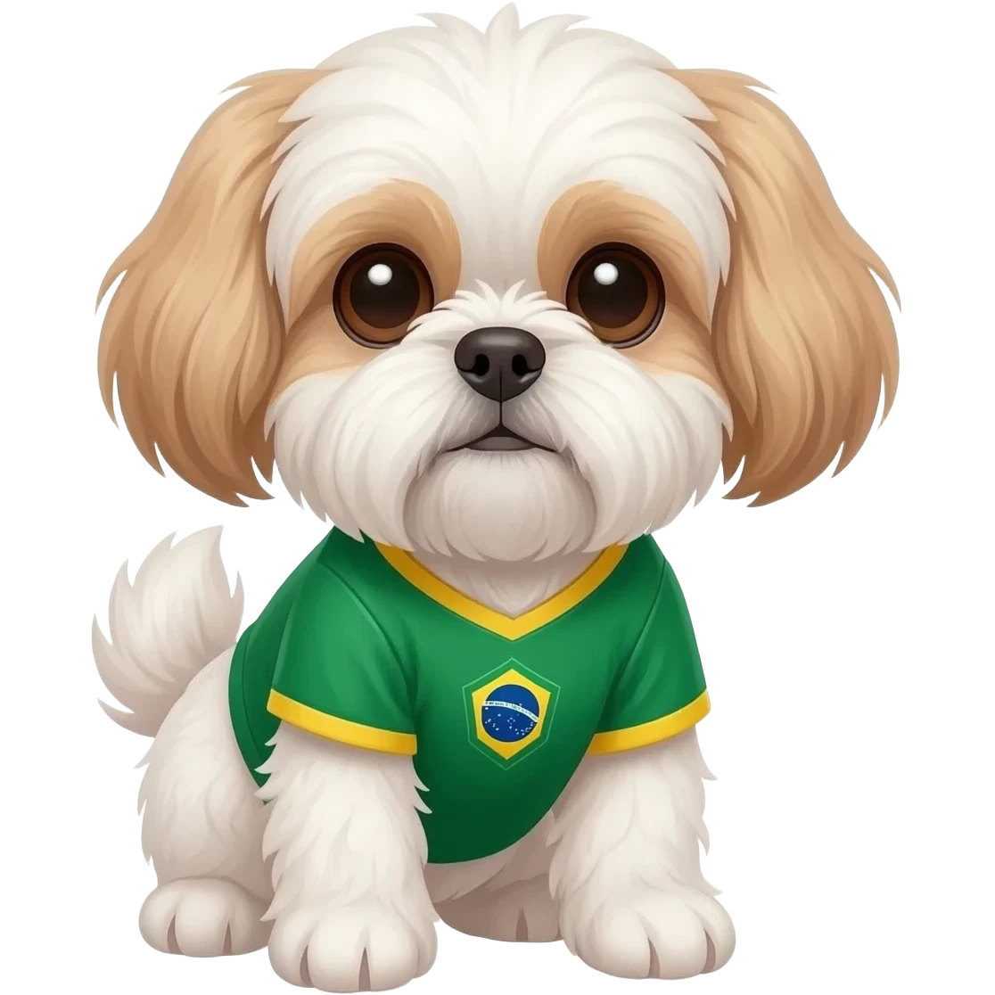 white and light brown shih zhu wearing a Brazil soccer jersey v neck 2026 work cup emoji
