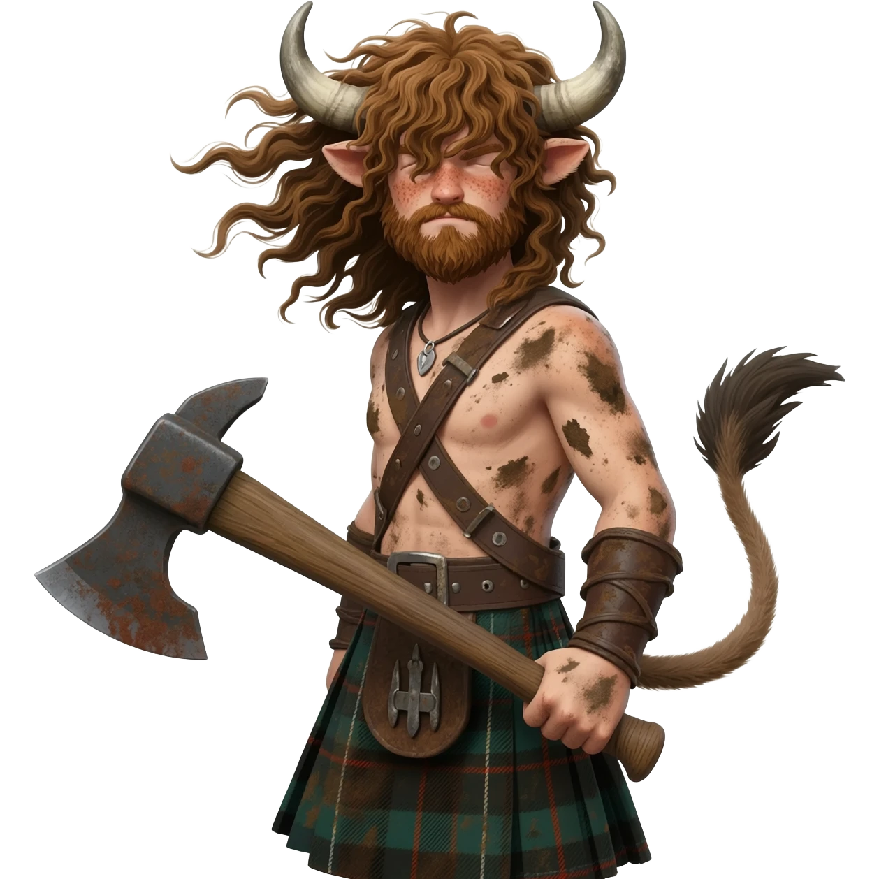 buff curly hairy man covered in dirt with freckles with messy light brown bangs that covers his face completely with bull horns and bull ears and bull tail dressed in kilt holding an axe with wind in his hair with belt around his chest emoji