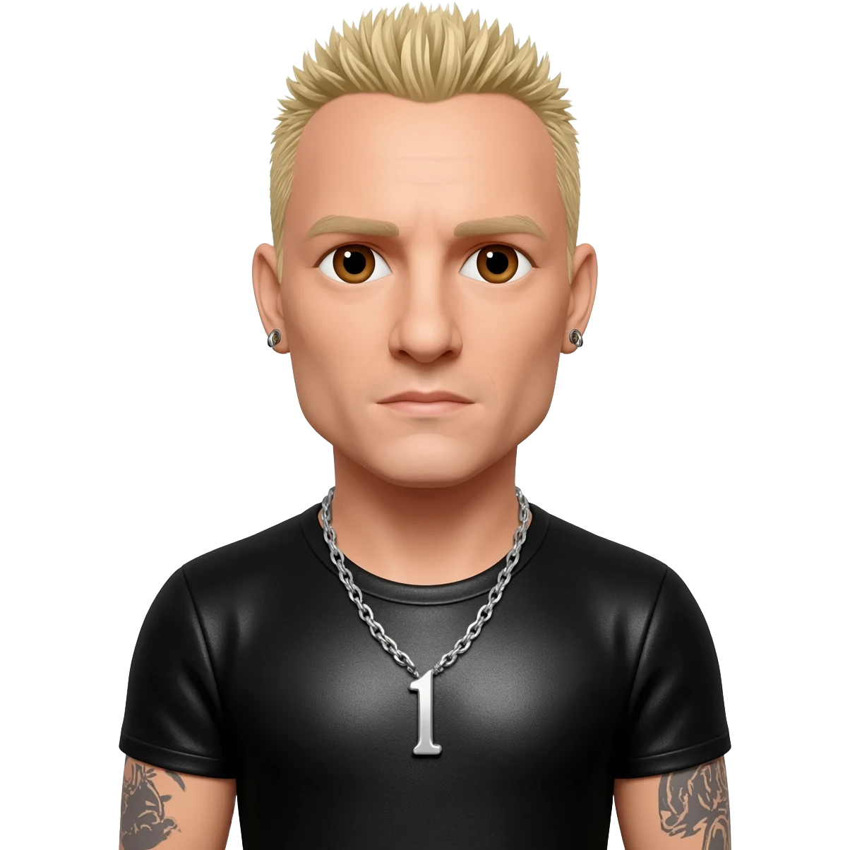 Chester Bennington with brown eyes, blonde hair, black metallic t-shirt, silver necklace emoji