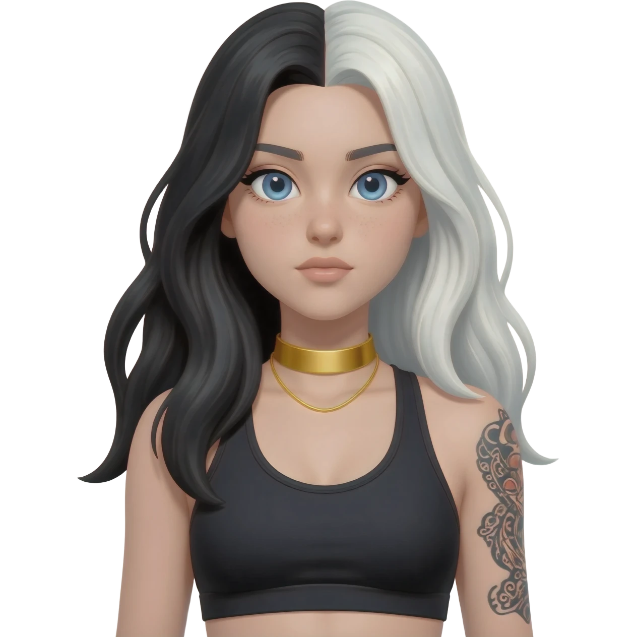 Emoji with blue eyes girl with long black and white hair wearing a gold choker neckless wearing black sports bra tattoo on right arm emoji