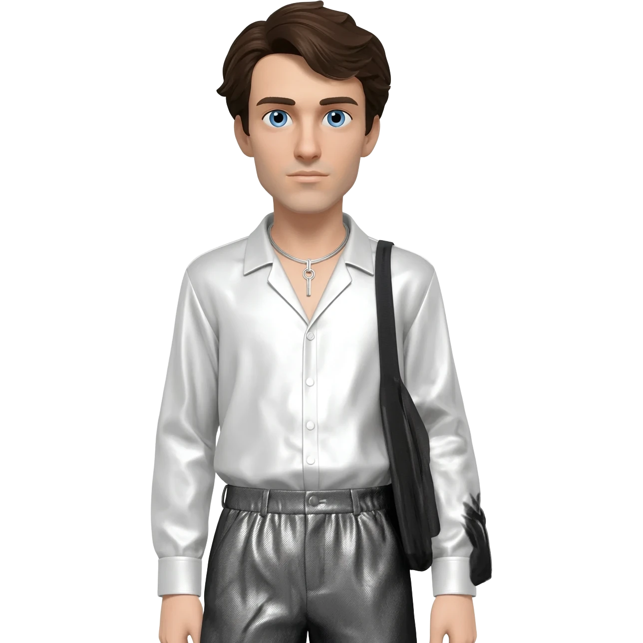 Arthur Rimbaud with blue eyes, dark brown hair, white metallic shirt, charcoal metallic baggy pants, silver necklace emoji