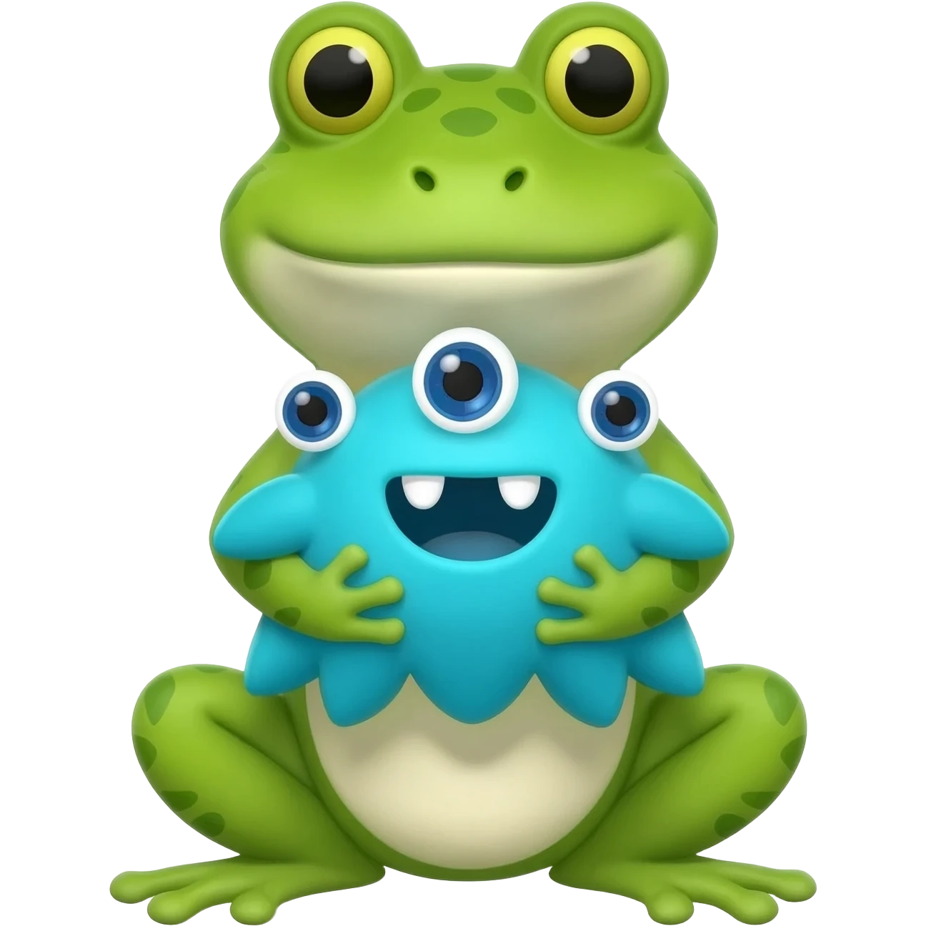 Frog holding a cute blue monster with googly eyes emoji
