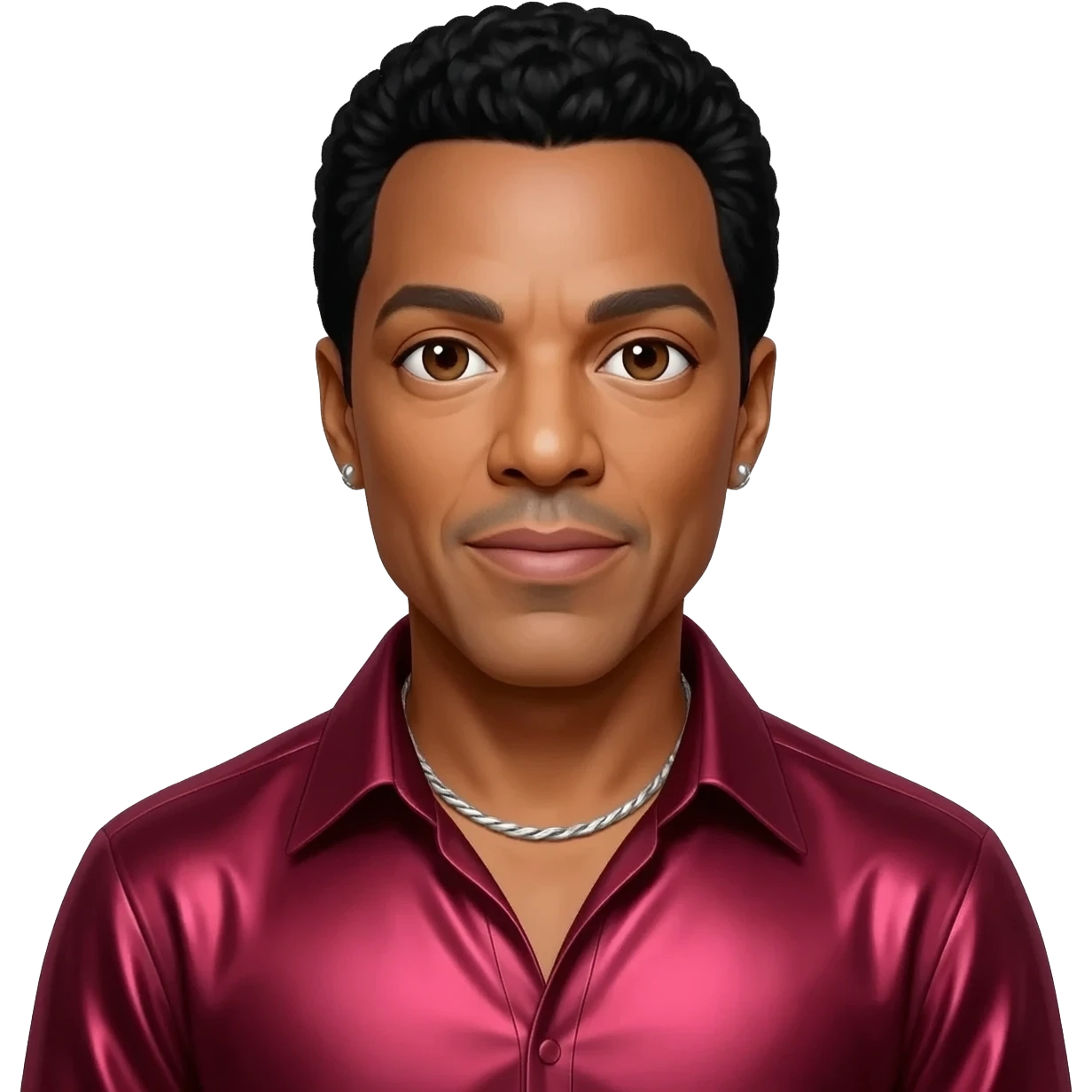 Lionel Richie with dark brown eyes, black hair, ruby red metallic shirt, silver necklace and short earrings emoji