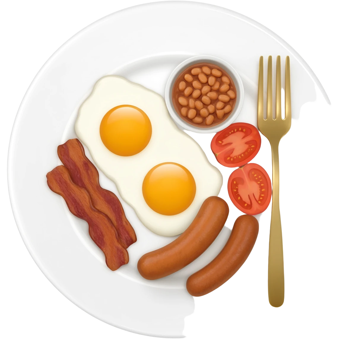 English breakfast full English breakfast with two eggs, bacon, sausage, beans, toast, and tomato оn a beautiful white plate with a gold fork emoji