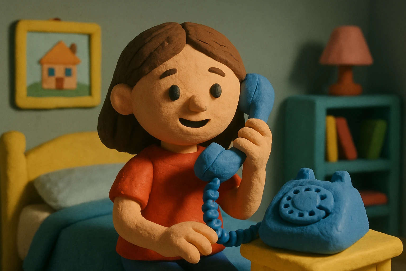 girl talking on telephone in her room emoji
