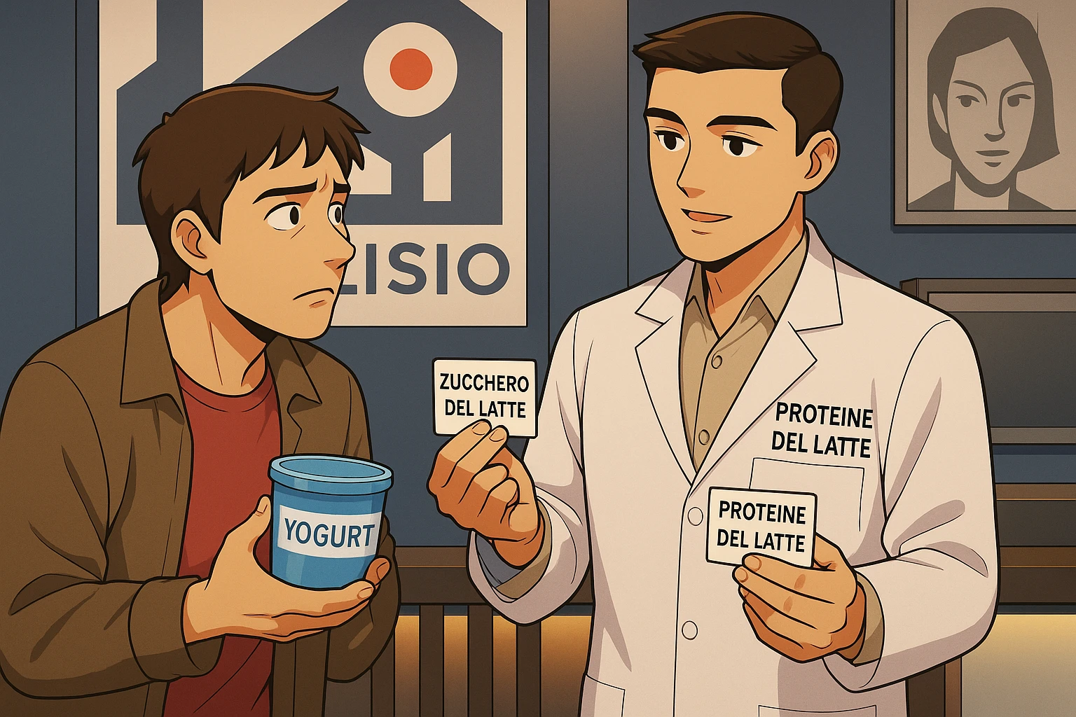 fai un webtoon manga a colori con questo stile, in cui un uomo ASCOLTA Il kinesiologo con il camice bianco (fagli anche la scritta "ANTONIO ANANIA" SUL CAMICE, IL KINESIOLOGO SPIEGA ALL'UOMO UNA COSA TENENDO DUE FOGLIETTINI IN MANO, UNO CON LA SCRITTA "ZUCCHERO DEL LATTE" E UNA CON LA SCRITTA "PROTEINE DEL LATTE". L'UOMO OSSERVA LO YOGURT CHE HA IN MANO CON ESPRESSIONE DUBBIOSA IN VOLTO. non fare i fumetti però, fai solo in modo che sembri stiano parlando emoji