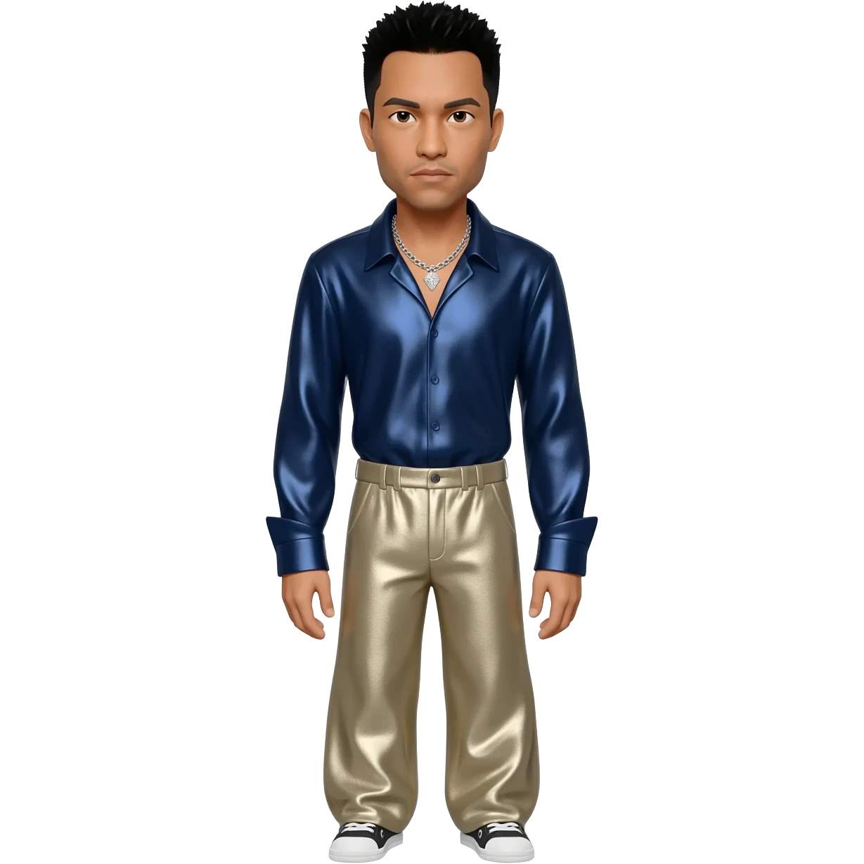 Chino Moreno with black hair, navy blue metallic shirt, beige metallic baggy pants, silver necklace emoji
