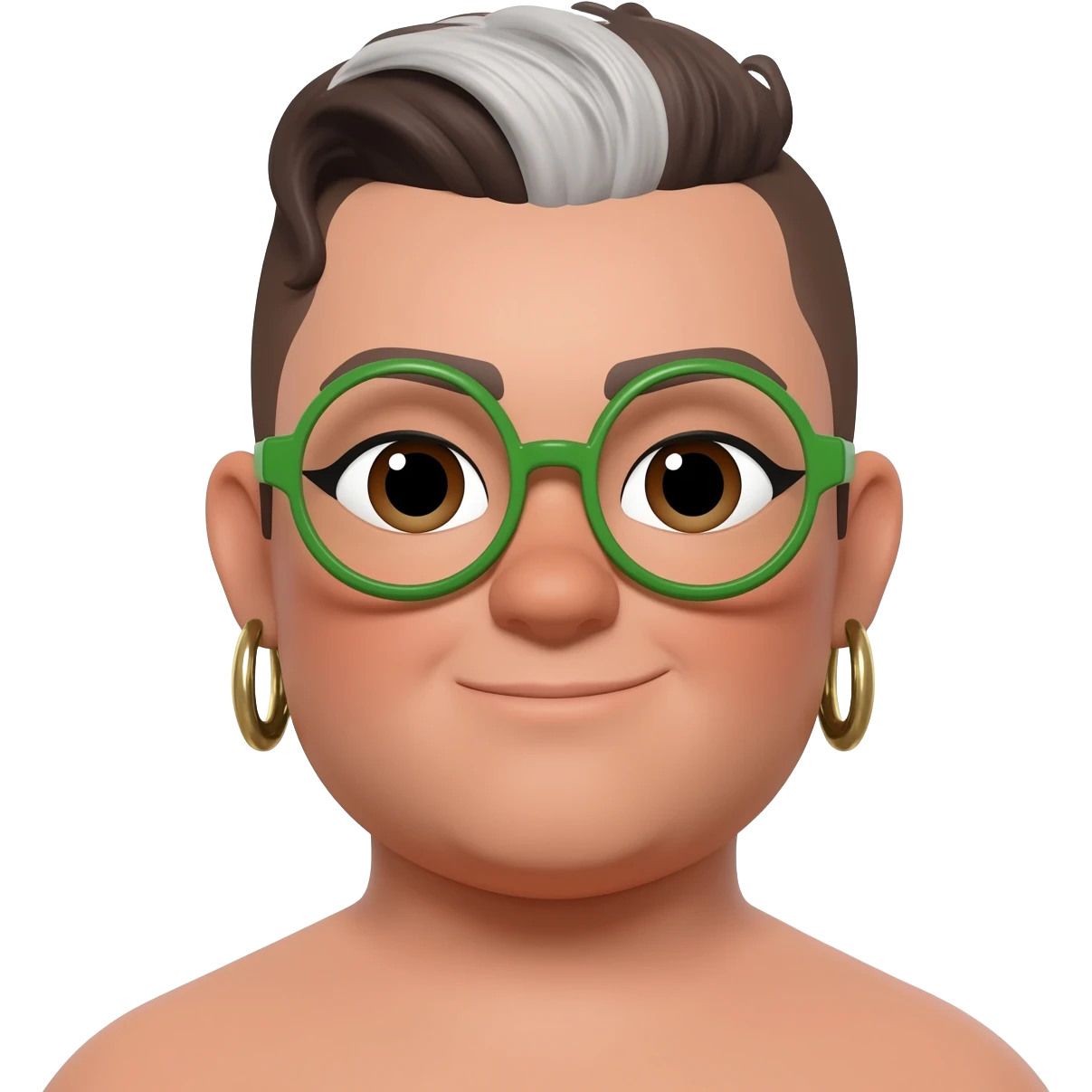 fat queer gender expansive lightskinned person with a double chin and a rounded square face shape assigned female at birth with short brown and silver mullet and bold green round glasses with almond shaped deep set brown eyes and a slight knowing smile wearing bold dangly earrings emoji