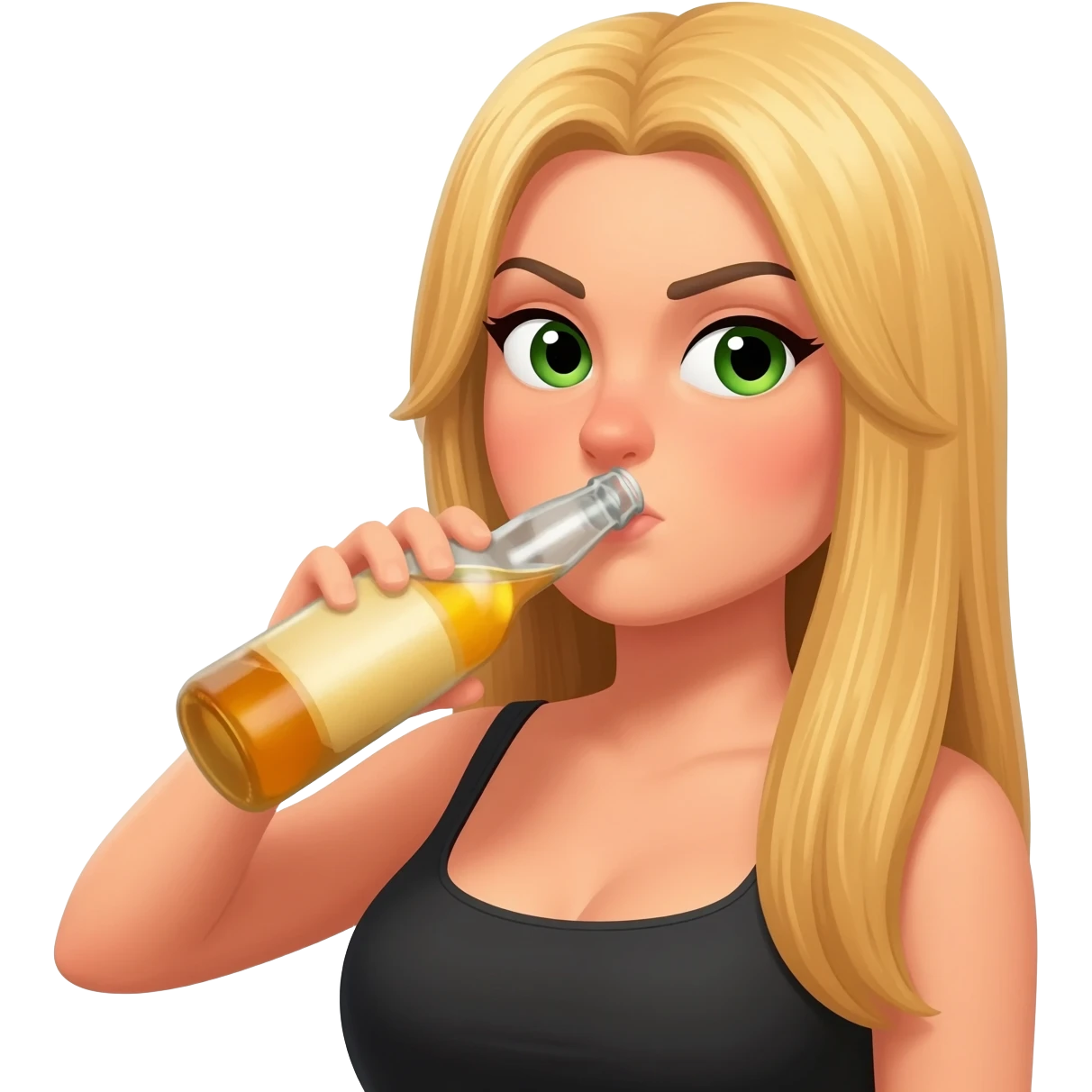 She looked like a top model, with long blonde hair and green eyes. She is being drunk by holding a bottle and rude emoji
