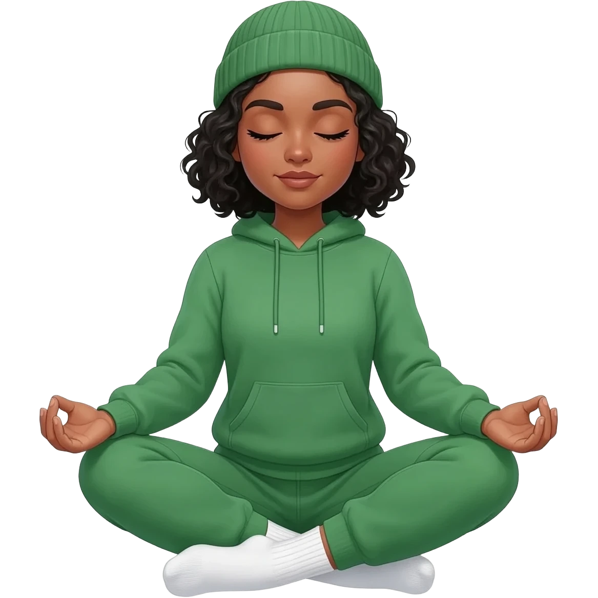 Woman with short black curly neck length hair. Light Tan skin. Wearing a  green sweatsuit and a beanie hat. White socks. Doing a Yoga pose sitting on the floor with eyes closed and legs crossed.. emoji
