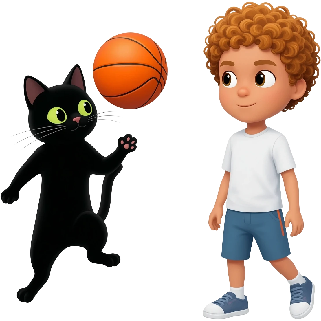 Black cat playing with orange basketball and a little white boy with curly hair emoji