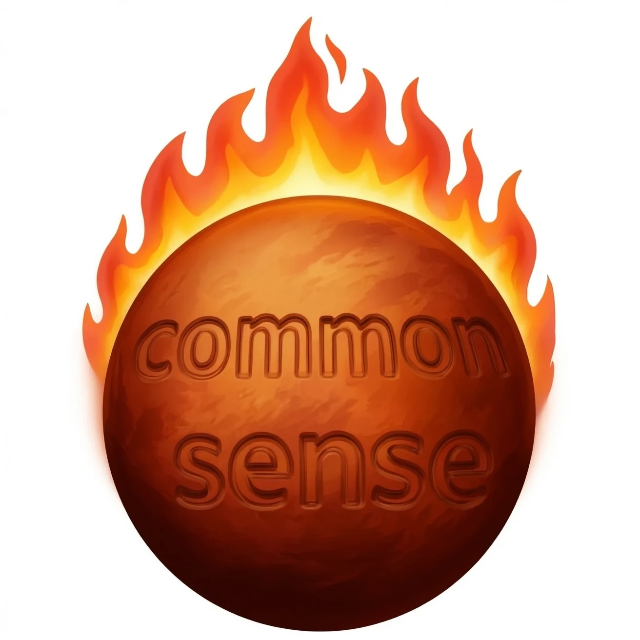 a red burning planet that has the words "common sense" written on it, in a realistic plaet burning style, like the sun emoji