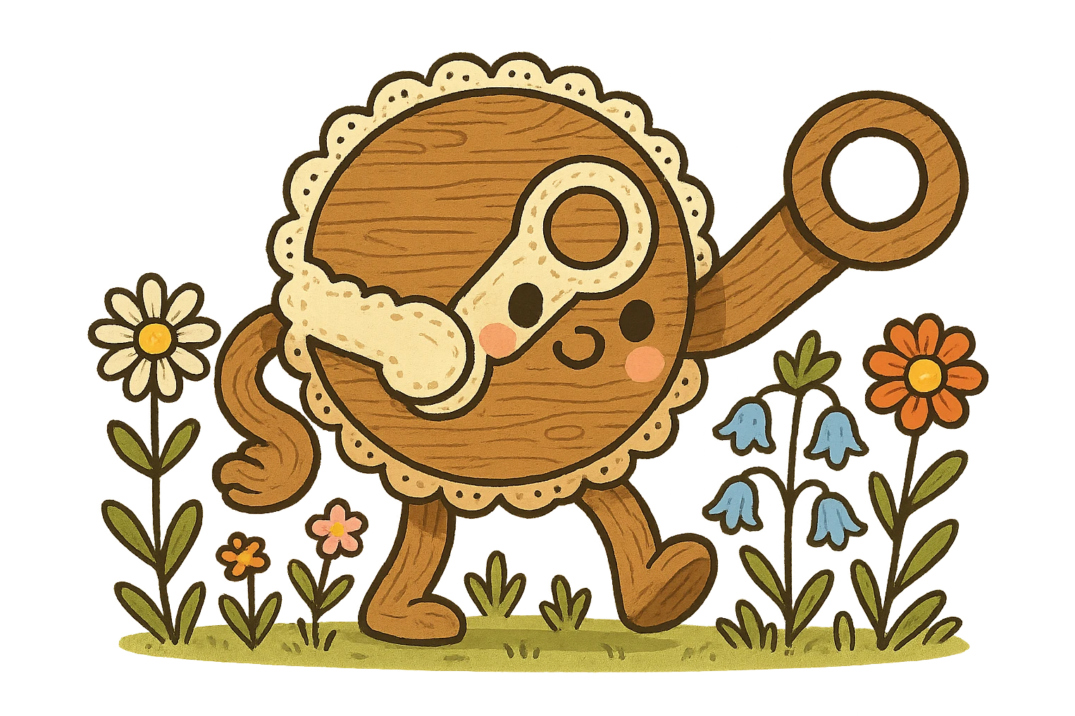 whimsical cartoon Steam logo in cottagecore style, arms and circles made of chunky wood, oversized lace, cartoon wildflowers, cute friendly look, no text emoji