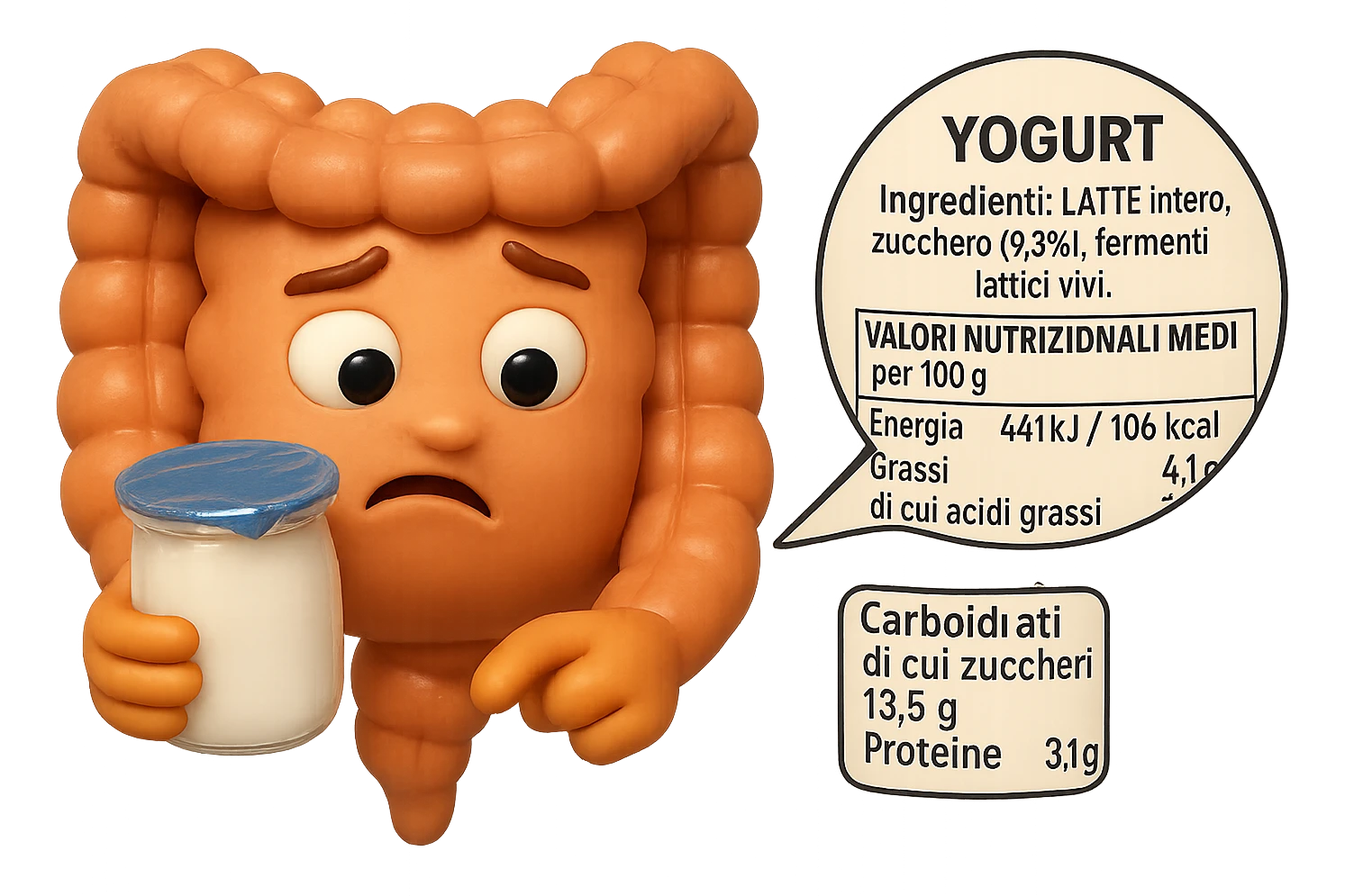 SU QUESTO STILE FAI UN EMOJI STILE IPHONE 3D DI UN INTESTINO CHE HA IN MANO UN BARATTOLO DI YOGURT CONFEZIONATO DA SUPERMERCATO E LEGGE L'ETICHETTA NUTRIZIONALE CON GLI INGREDIENTI IN ITALIANO, ACCANTO ALLO YOGURT CHE HA IN MANO C'è UN FOCUS SULL'ETICHETTA CON GLI INGREDIENTI SCRITTI, FAGLI UN ESPRESSIONE CONFUSA MENTRE LEGGE E FALLO MOLTO REALISTICO IN 3D emoji