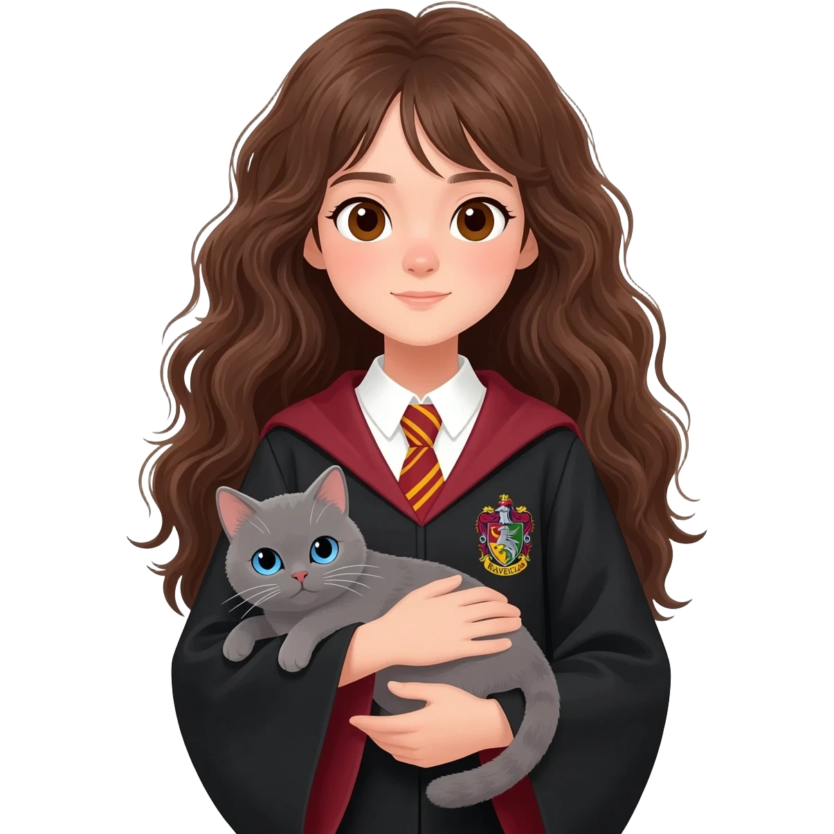 Asian girl with long messy wavy brown hair and brown eyes wearing Ravenclaw robe, holding a gray cat with blue eyes in hands emoji