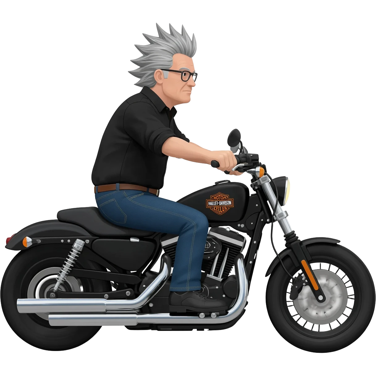 Black and gray haired white middle aged man riding Harley Davidson in black shirt and jeans no glasses spiky hair emoji