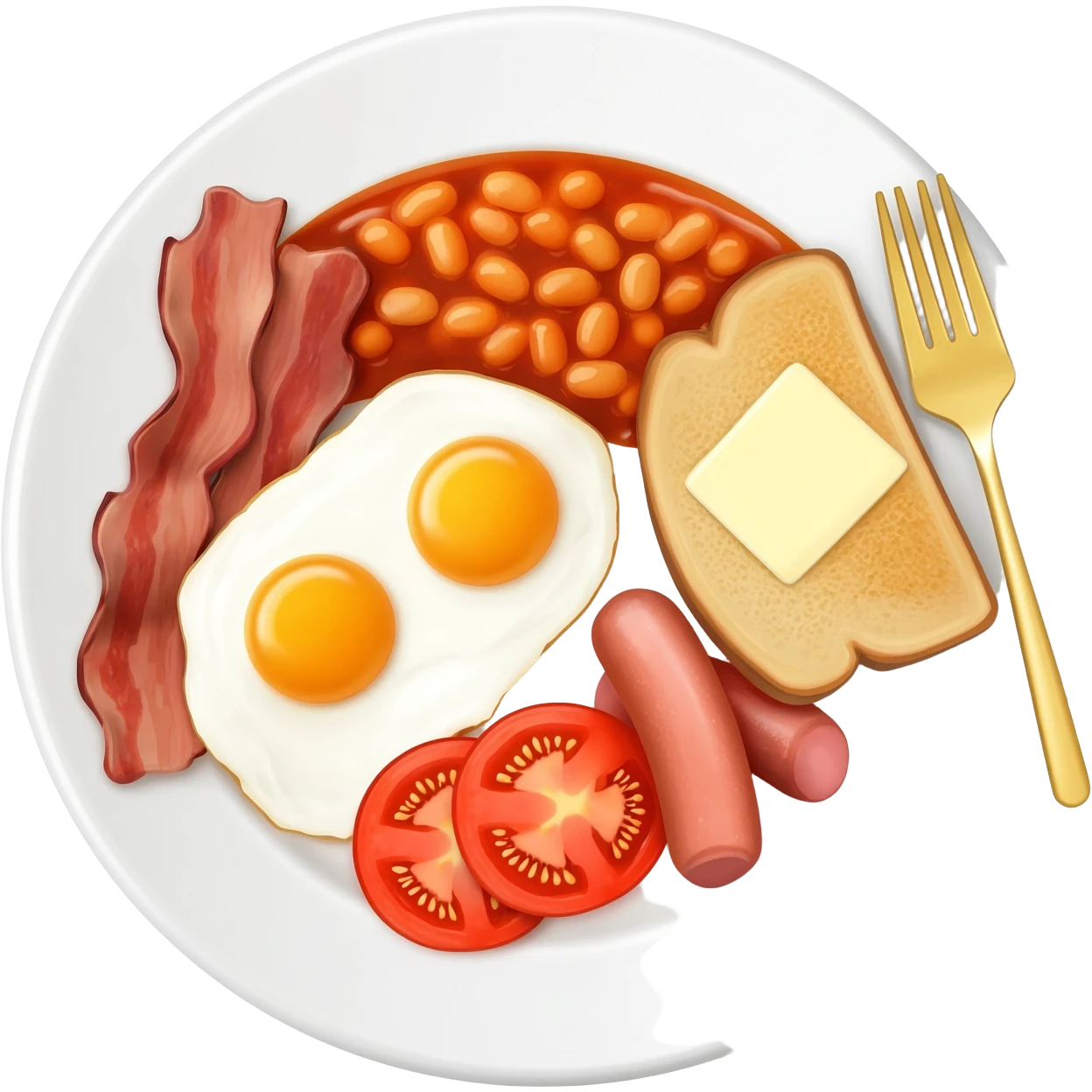 English breakfast full English breakfast with eggs, bacon, sausage, beans, toast, and tomato оn a beautiful white plate with a gold fork emoji