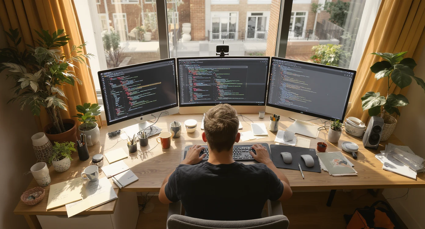 Cinematic shot of a programmer programming on tripple display setup PC, top dutch angle, Warm bright vibe, modern apartament around plants notes, model is dress like designer, morning, big window, captured on arri alexa emoji