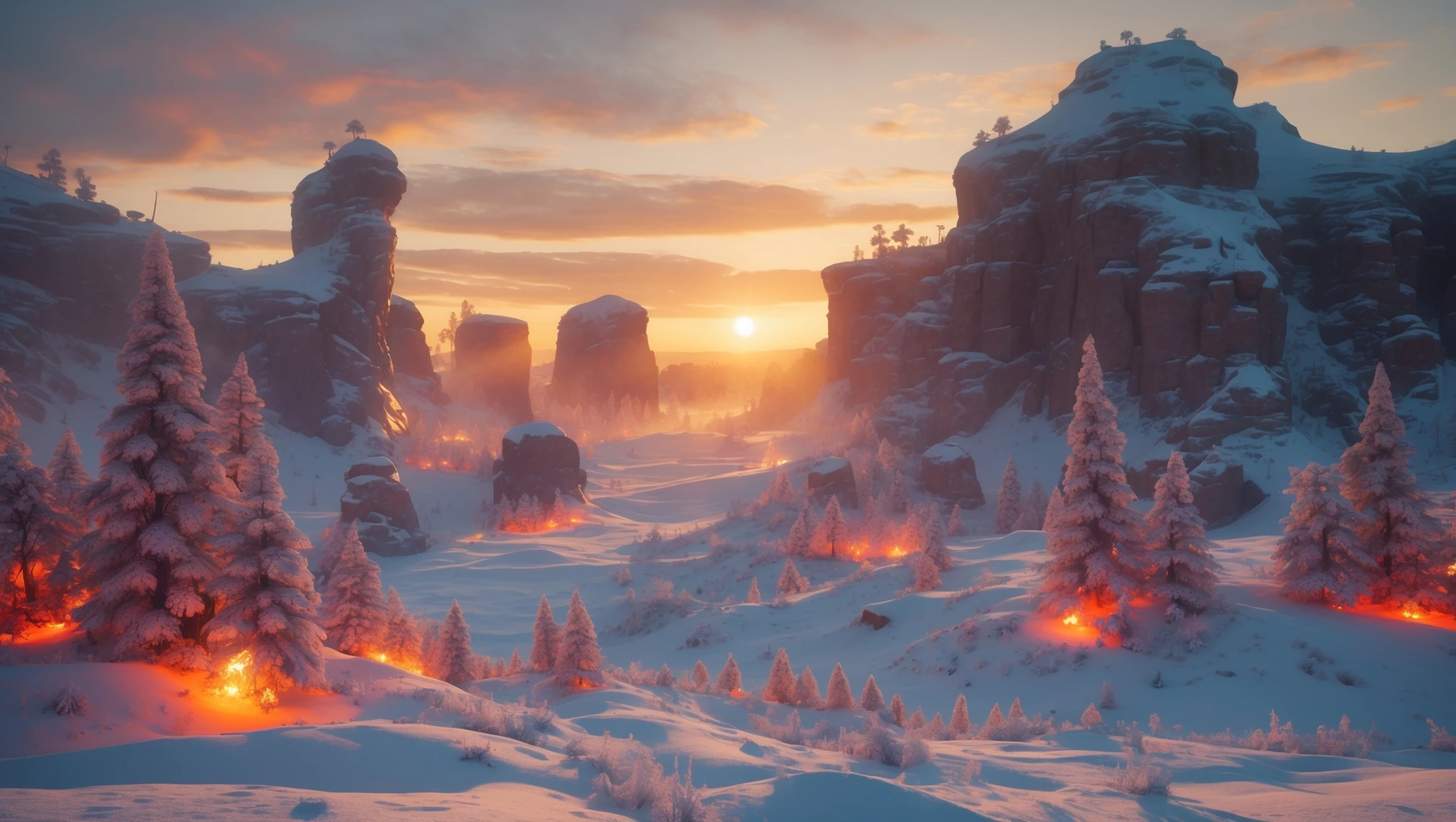Cinematic, documentary photography, establishing shot, Warhammer 40.000 new title, in the style of snow scenes, ARRIFLEX 35 BL Camera, Canon K35 Prime Lenses, ethereal landscape, 70mm, dedication, Sunset, warm and vibrant colors, dedication emoji